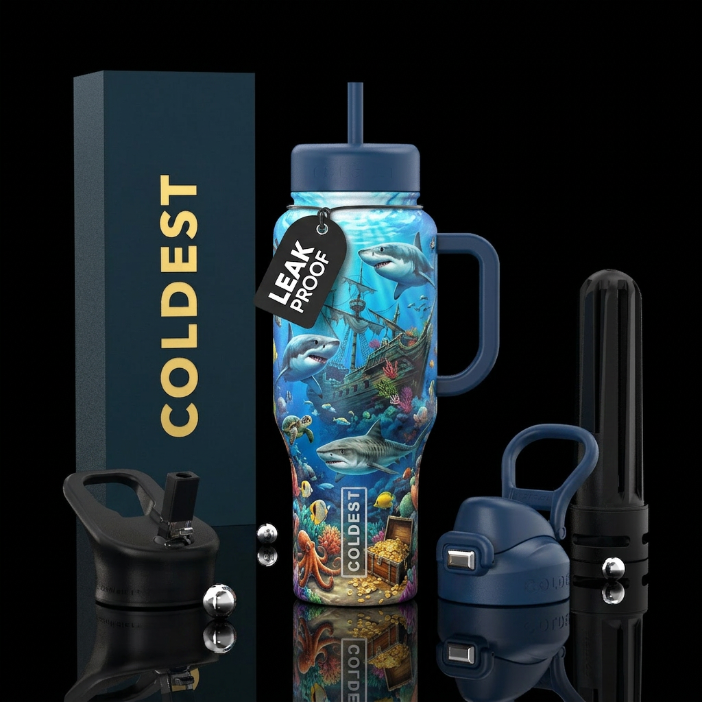 Sharks, shipwreck, treasure chest, other sea life water bottle design