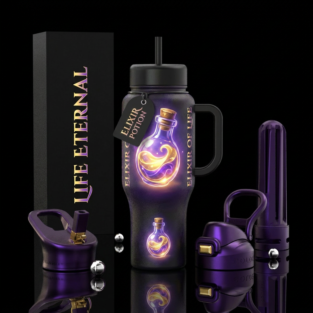 A glowing vial representing the elixir of life water bottle design