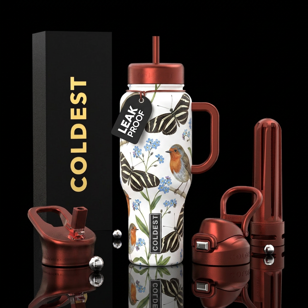 Zebra butterflies, forget-me-nots with a robin water bottle design