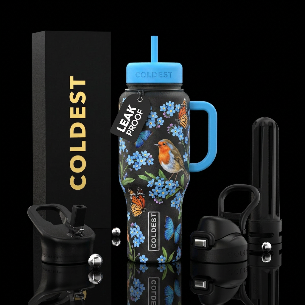 forget-me-nots, butterflies with a robin water bottle design