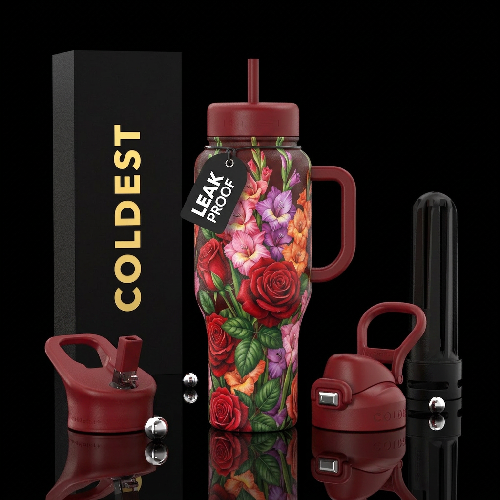 Gladiolus flowers and red roses water bottle design