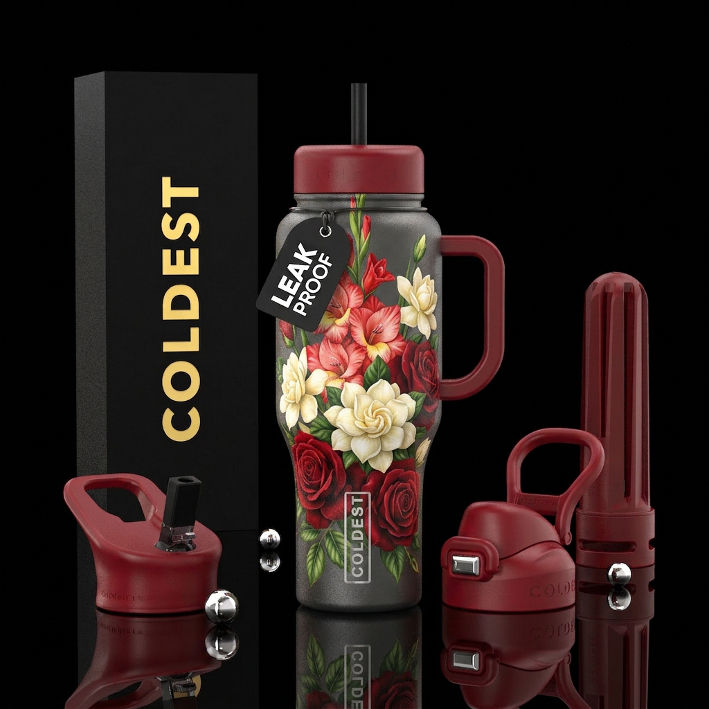 Gladiolus, gardenias and red roses water bottle design