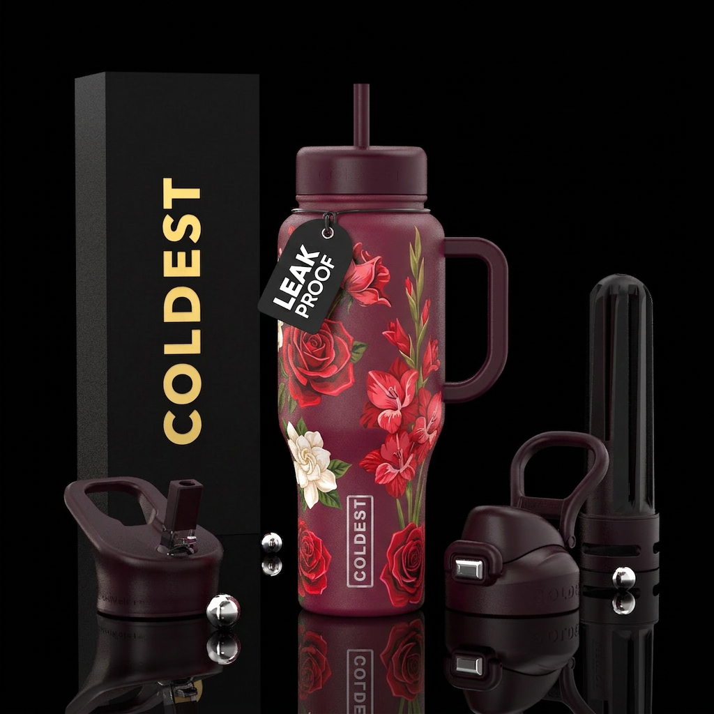 Gladiolus, gardenias and red roses water bottle design