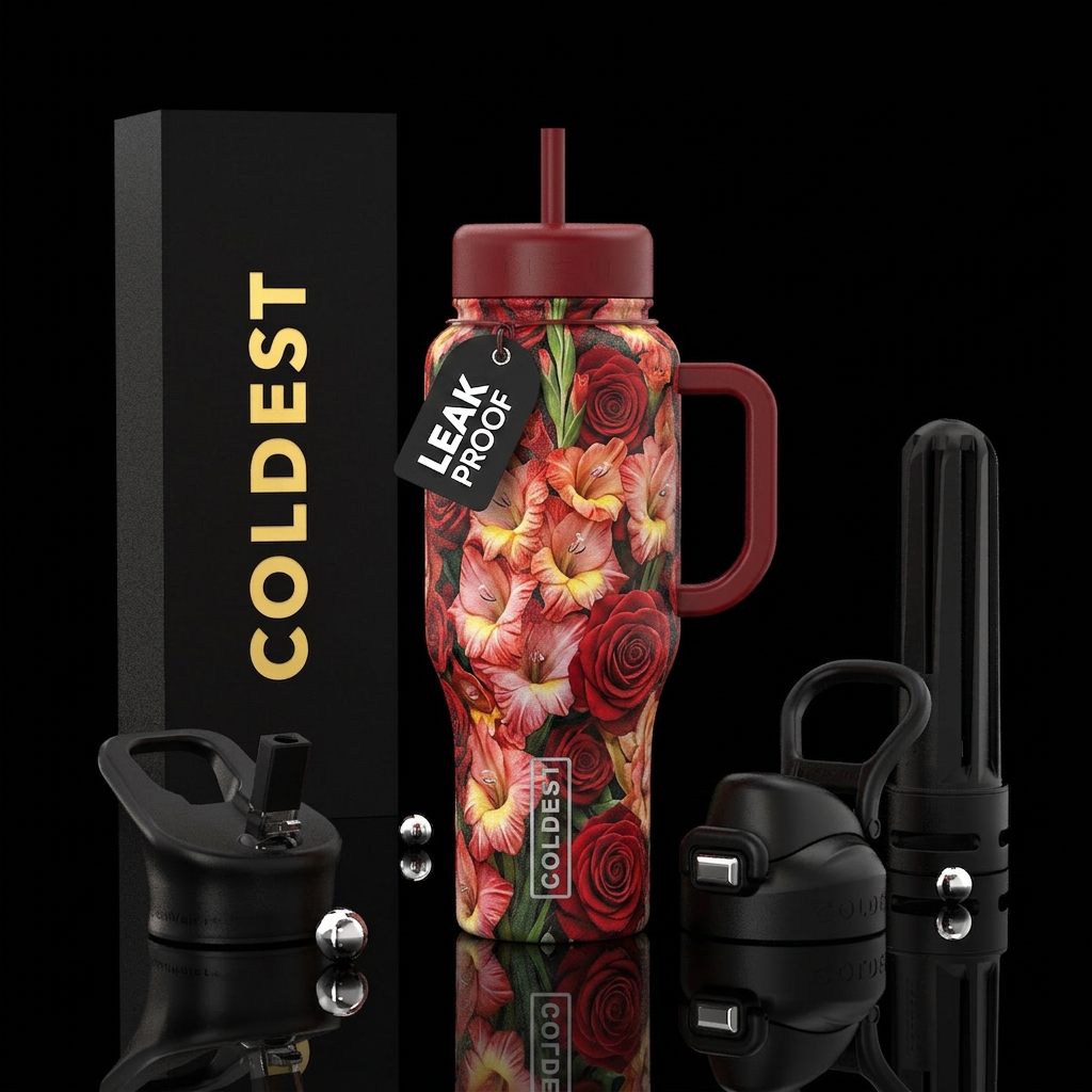 Gladiolus flowers and red roses water bottle design