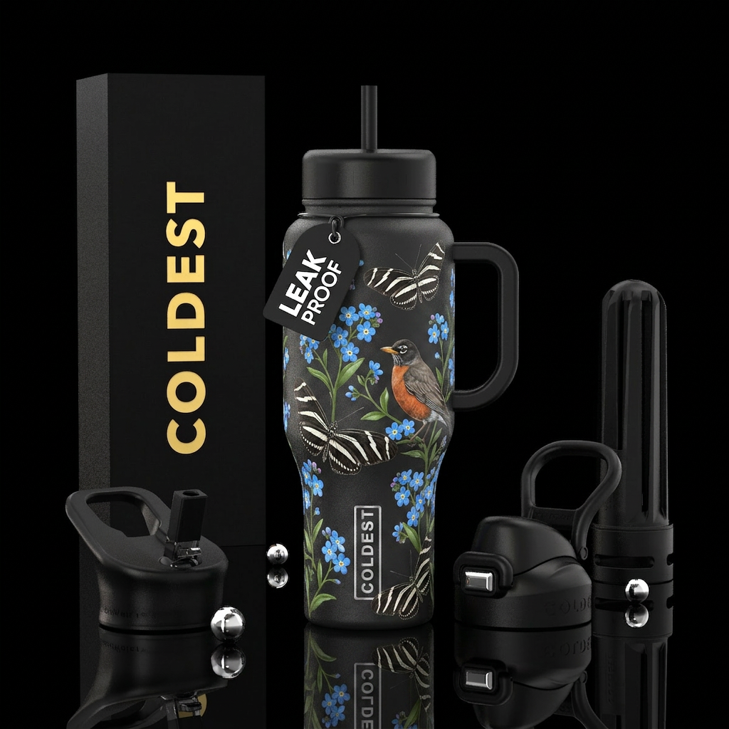 Zebra butterflies, forget-me-nots with a robin water bottle design