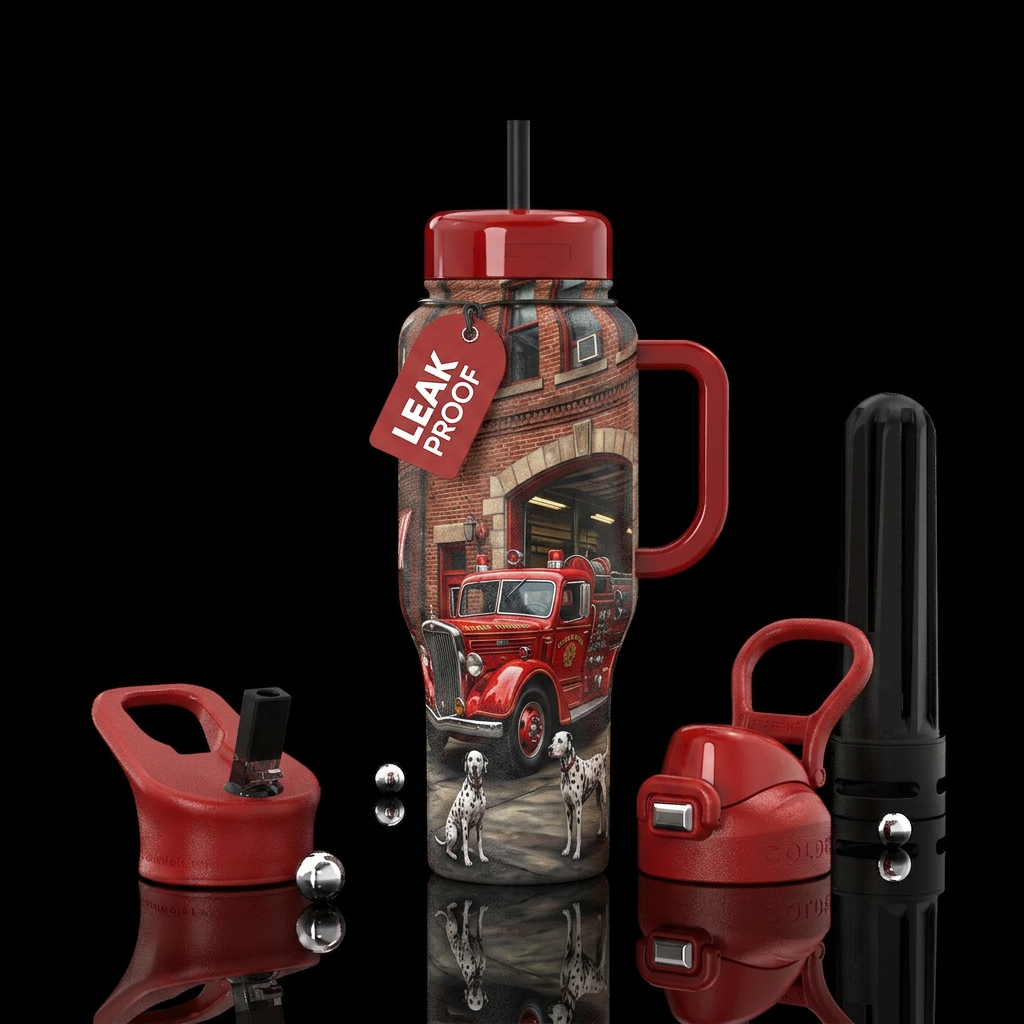 Firehouse with fire truck & Dalmatian water bottle design