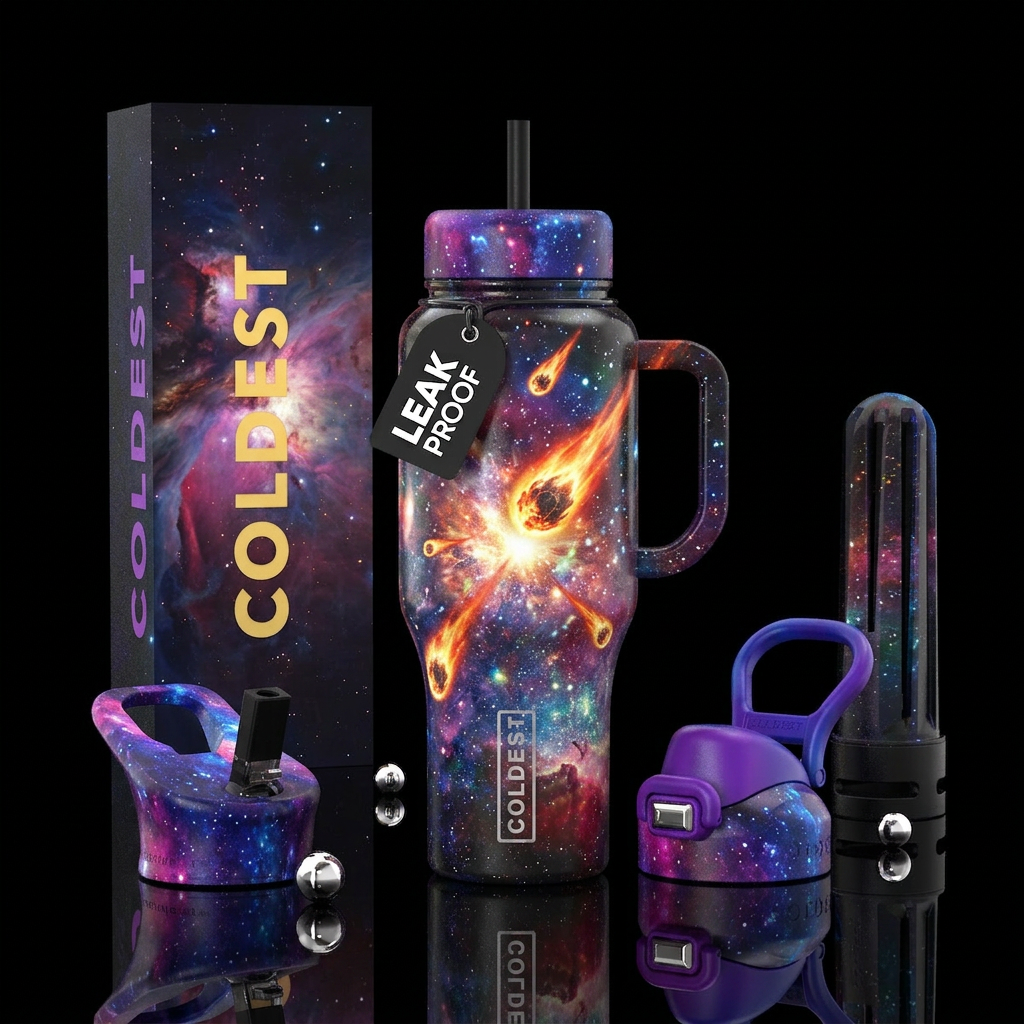 The big bang with comets and colorful galaxy water bottle design