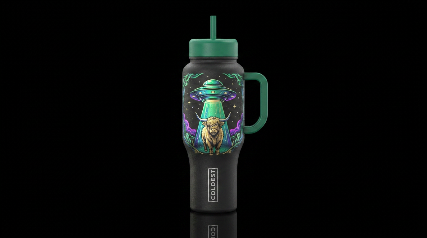 Alien abducting a highland cow water bottle design