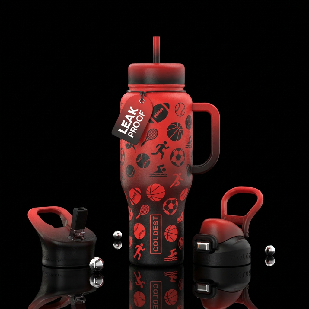 All sports icons with red and black ombré backgrou... water bottle design