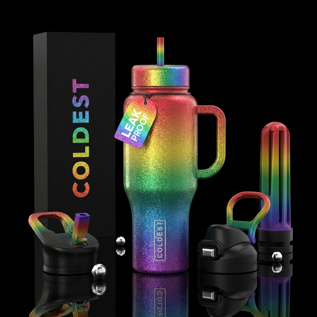 Rainbow ombré glitter water bottle design
