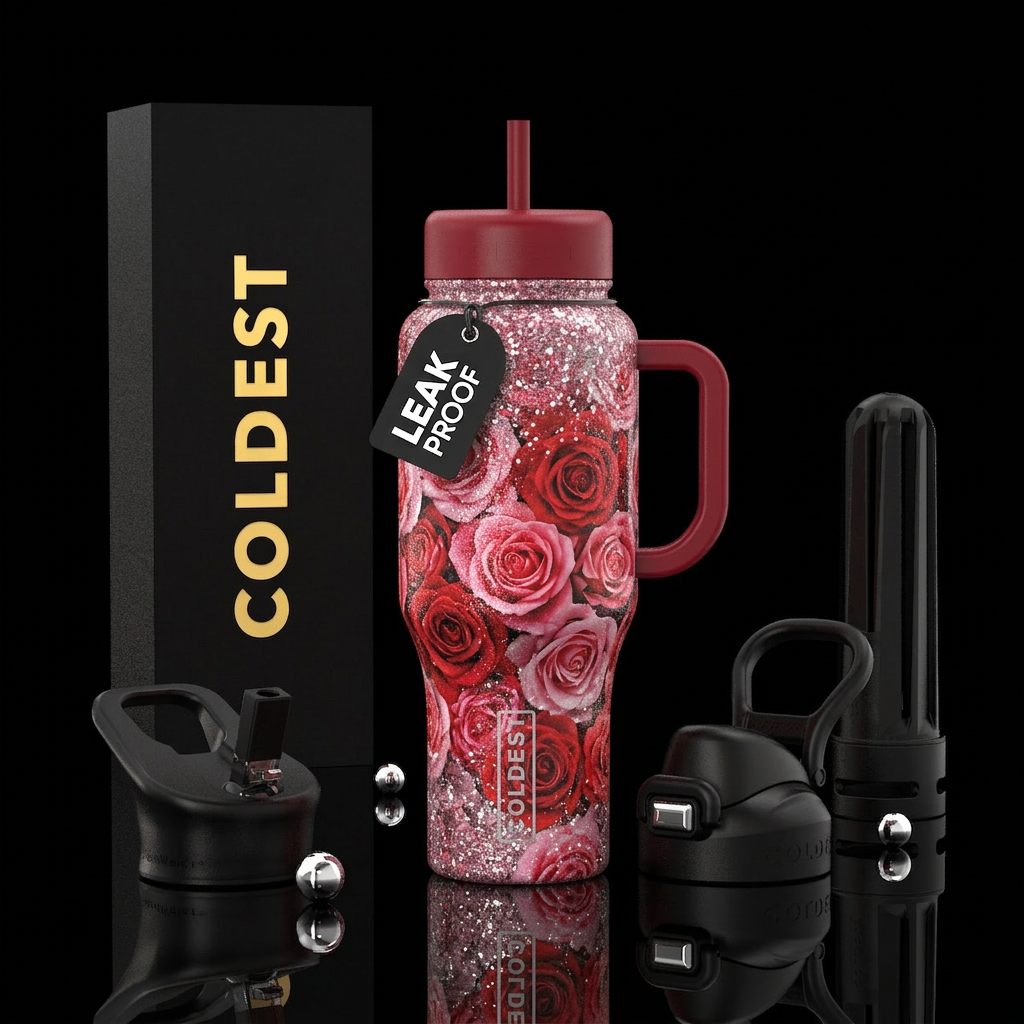 Red and pink roses and all over glitter water bottle design