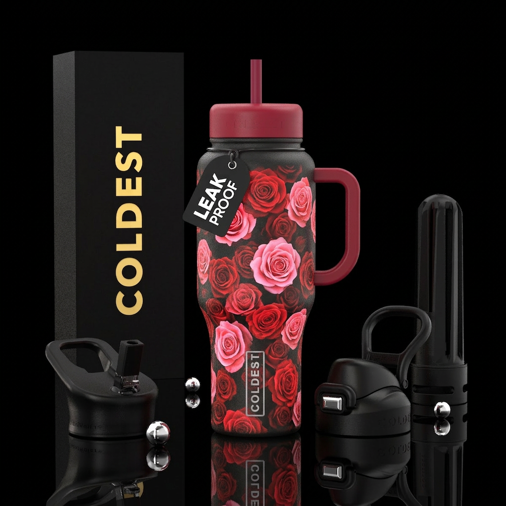 Red and pink roses glowie water bottle design