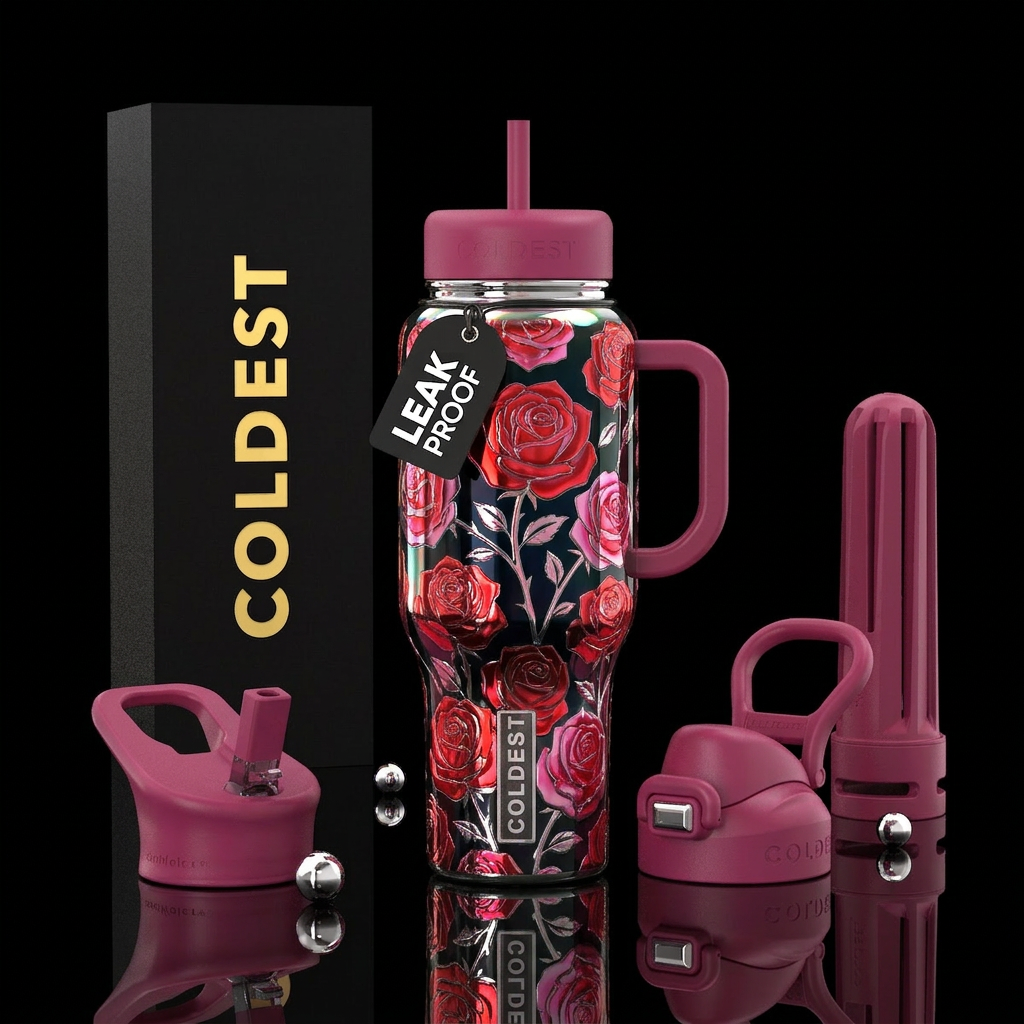 Red and pink roses chrome water bottle design