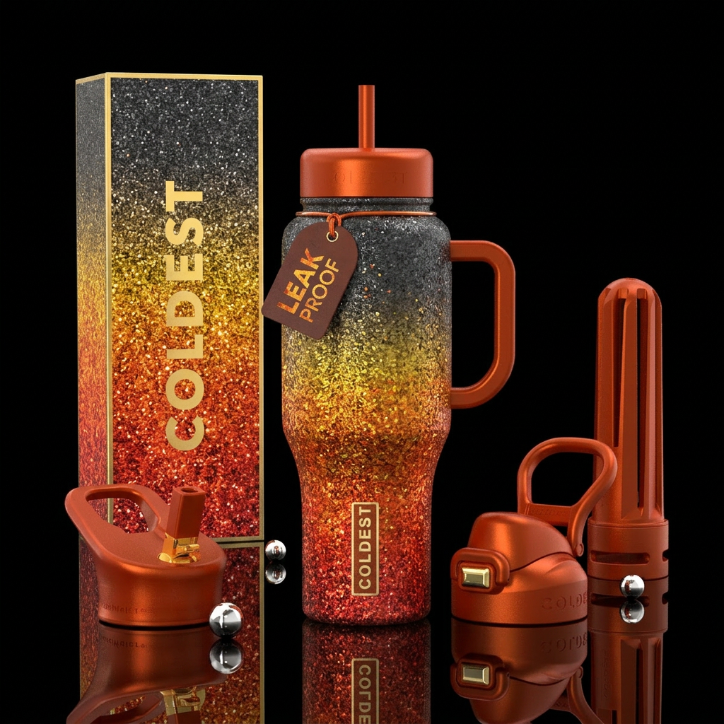Molten lava ombré glitter water bottle design