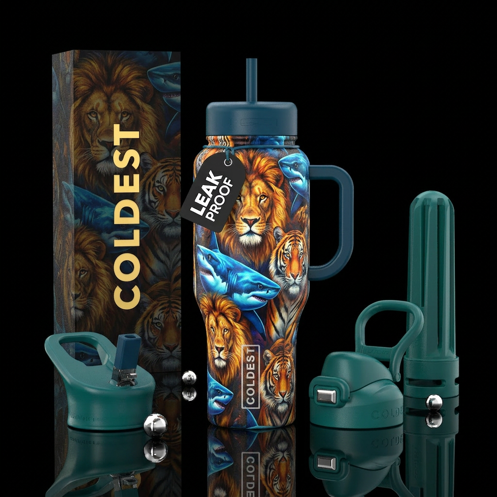 Lions tigers and sharks water bottle design