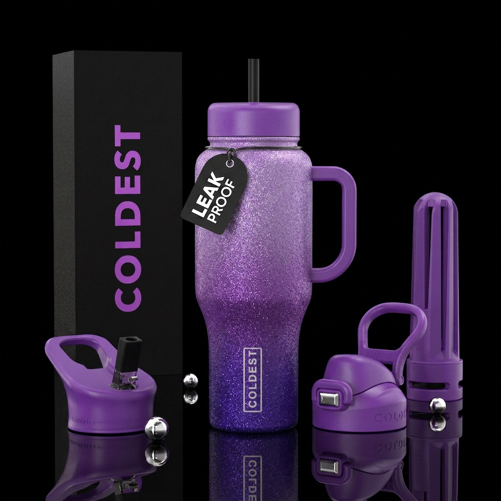 Dark purple and light purple ombre glitter water bottle design
