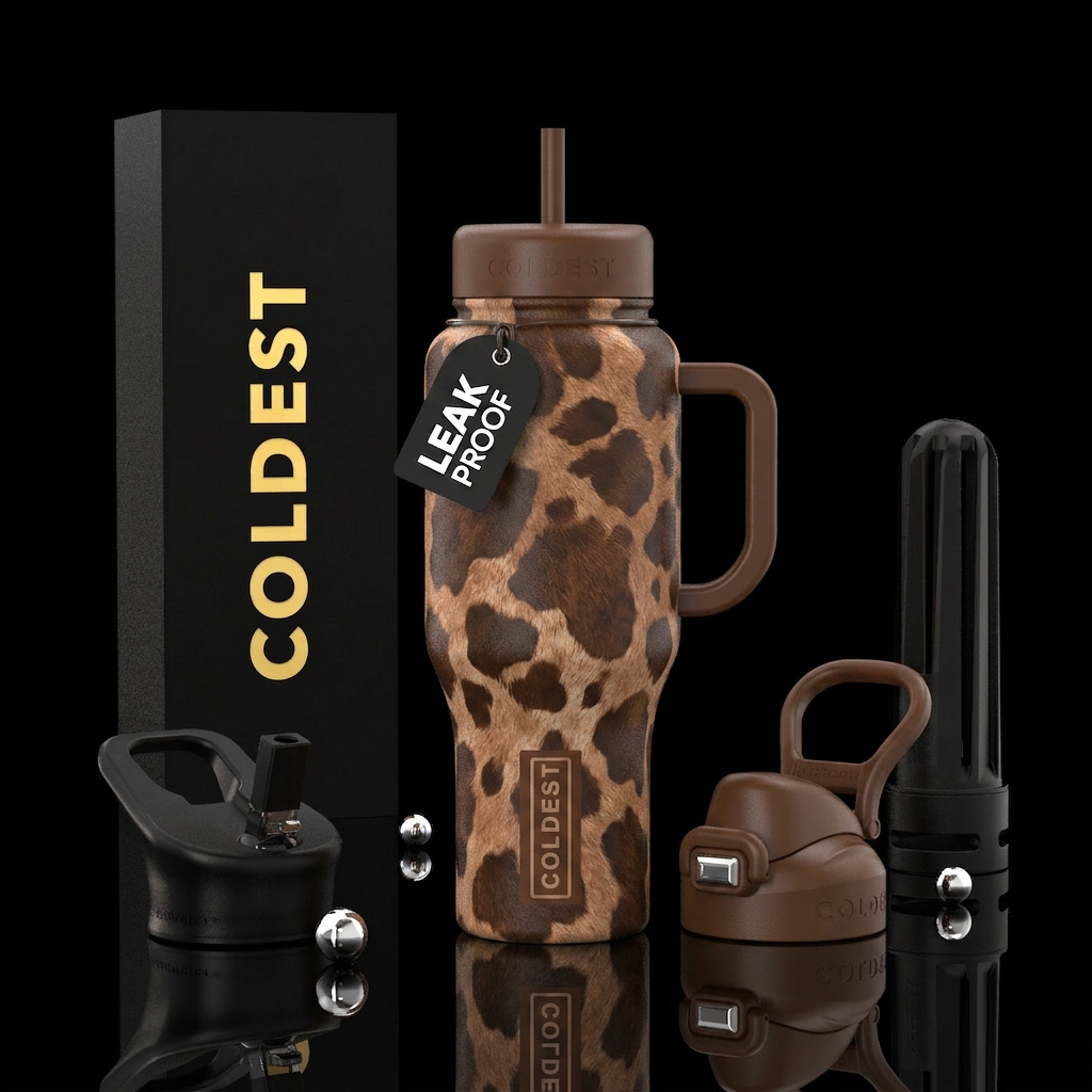 Brown cow print water bottle design
