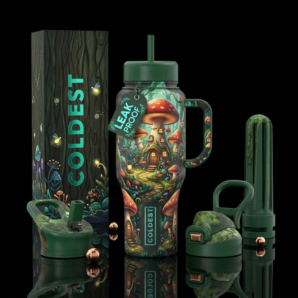 Mushroom house fantasy water bottle design