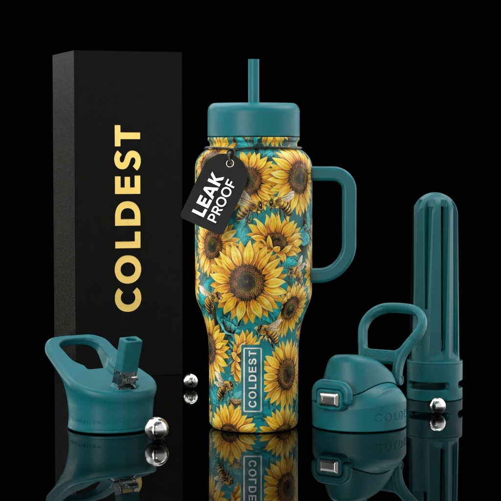 Sunflowers and teal with honey bees water bottle design