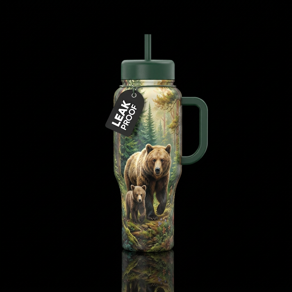 Mama and baby bear in woods water bottle design