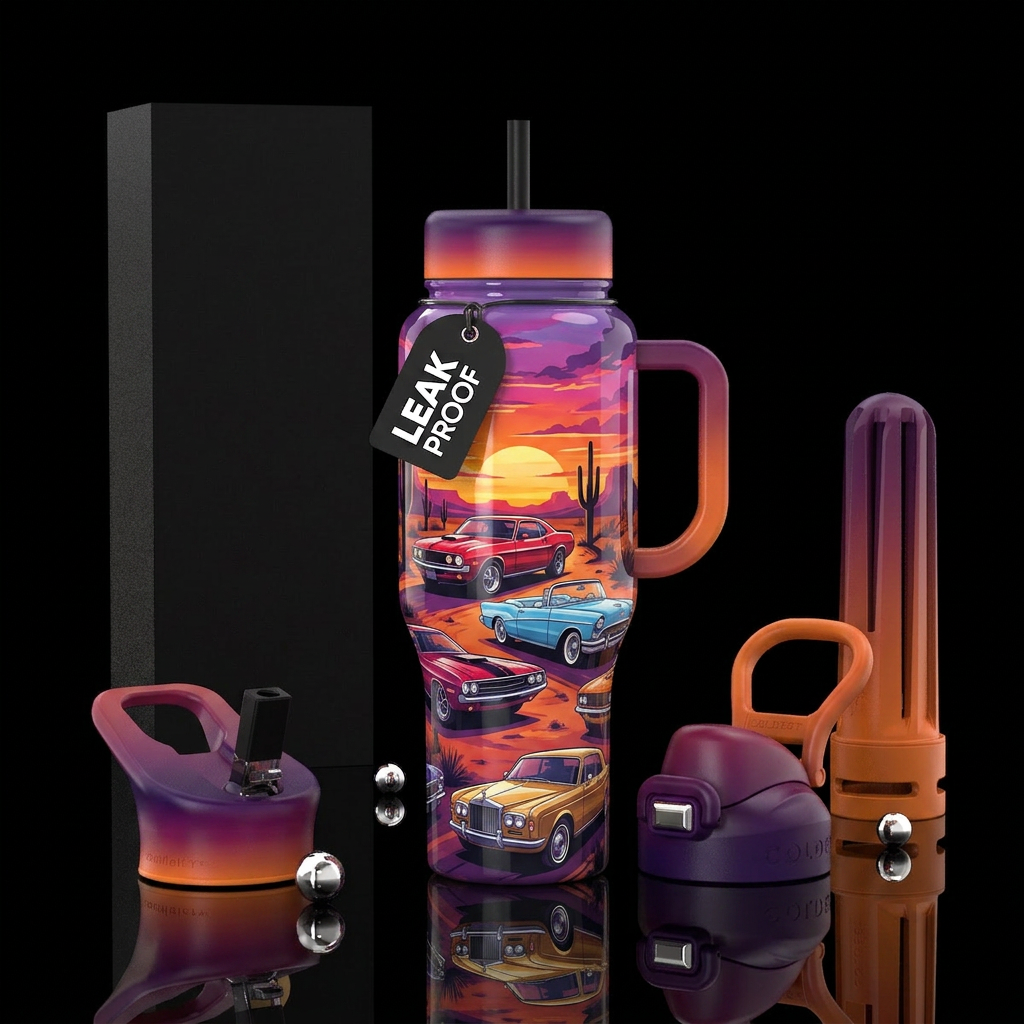 Classic cars, sunset water bottle design