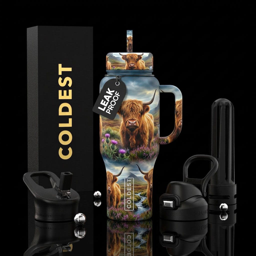 Highland cows in nature water bottle design