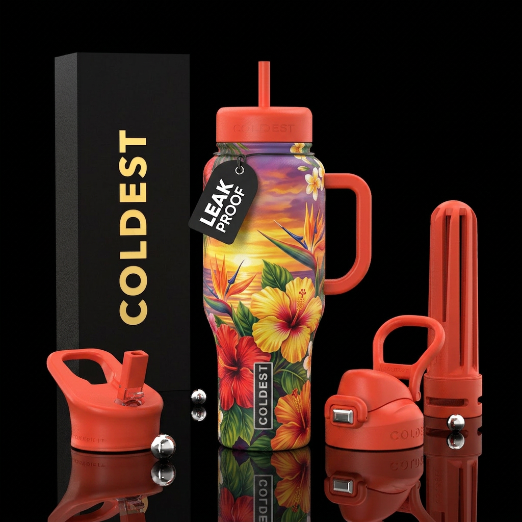 Hawaiian flowers, sunset water bottle design