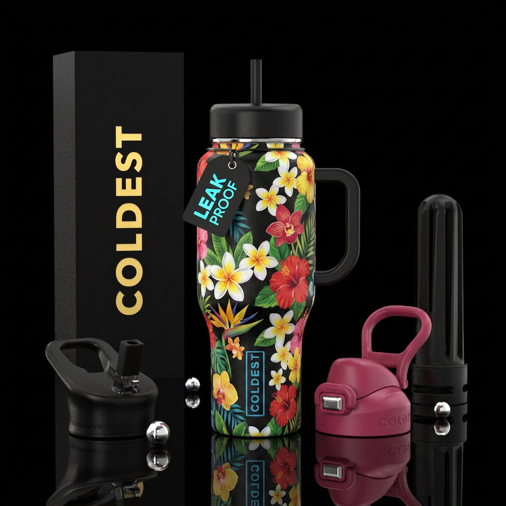 Black background with Hawaiian flowers water bottle design