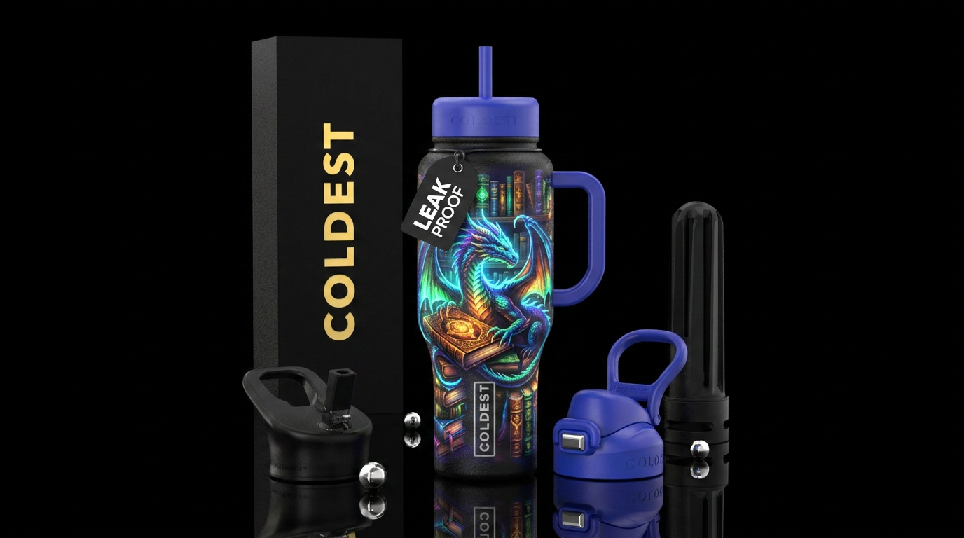Books, dragon, glowie water bottle design