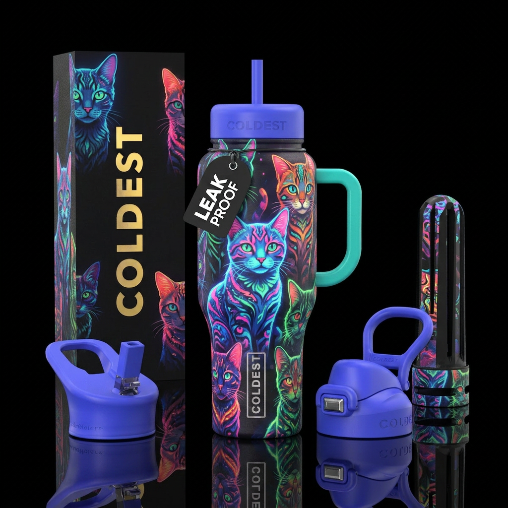 Glowie cats, colorful water bottle design
