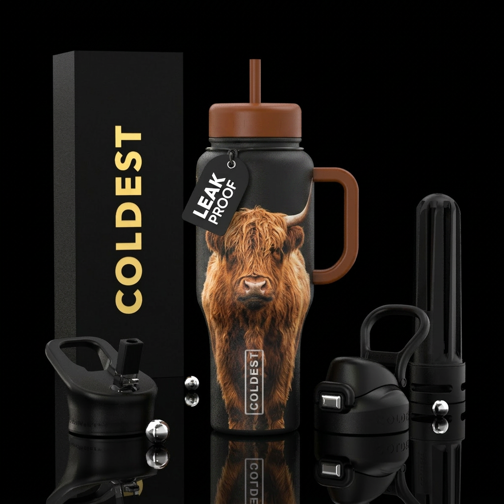 Rustic highland cow water bottle design