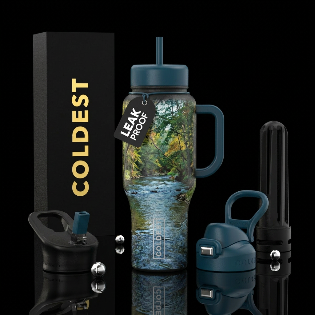 River, trees water bottle design