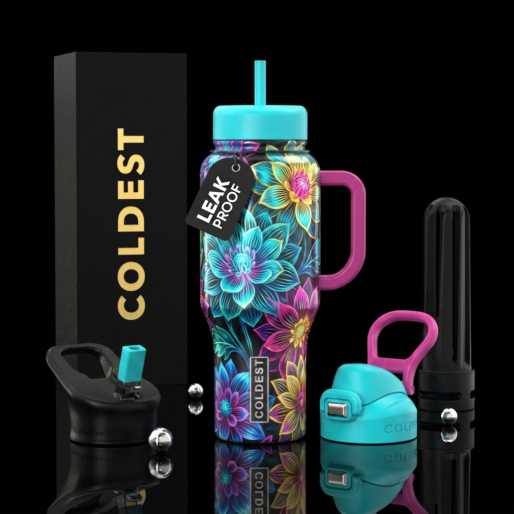 Glowie flowers, turquoise, blue, pink and yellow water bottle design