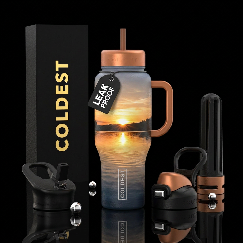 Sunrise over lake water bottle design