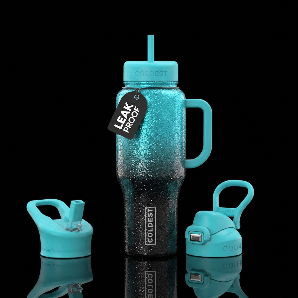 Turquoise, black, ombre, sparkle water bottle design