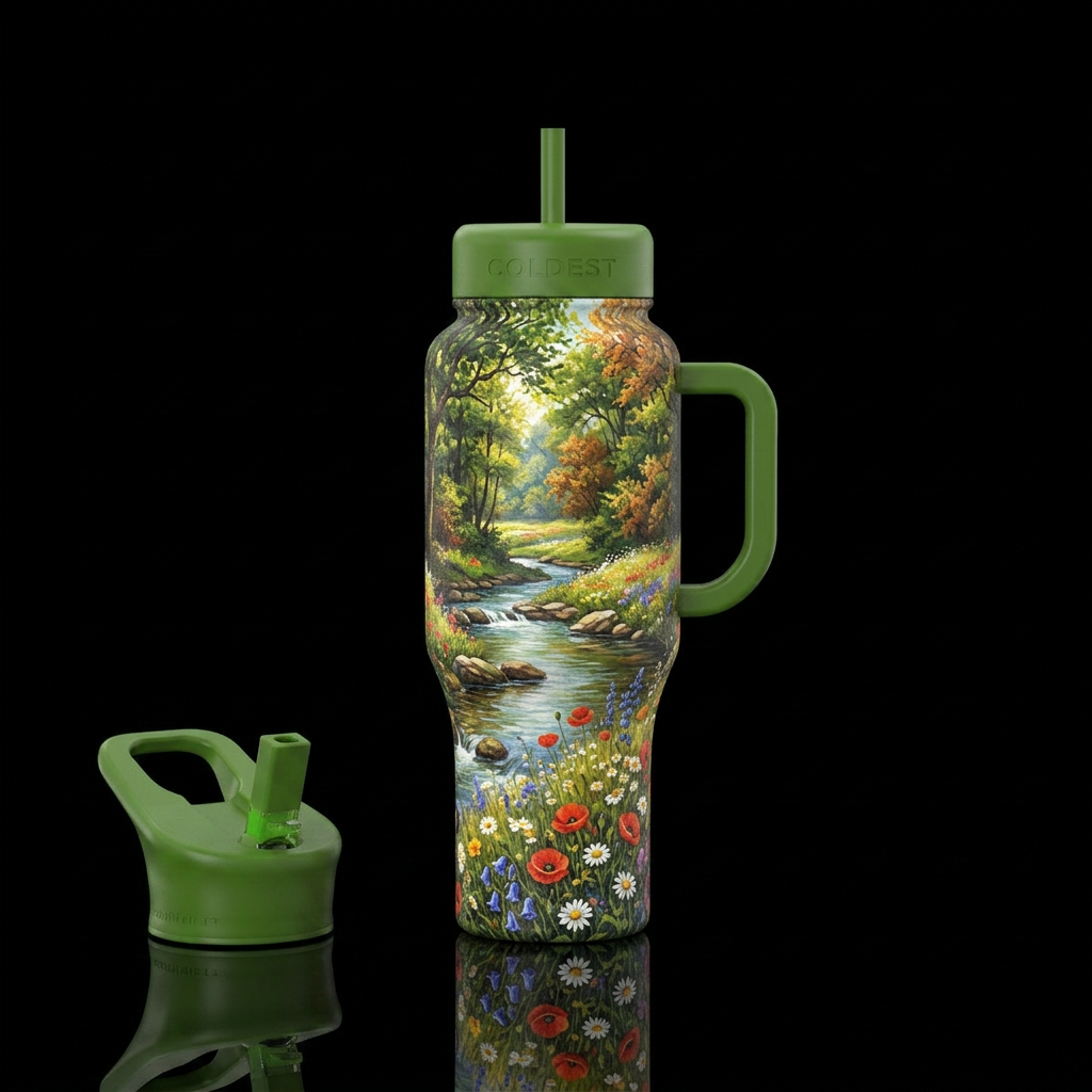 Country, woods, creek, fowers water bottle design