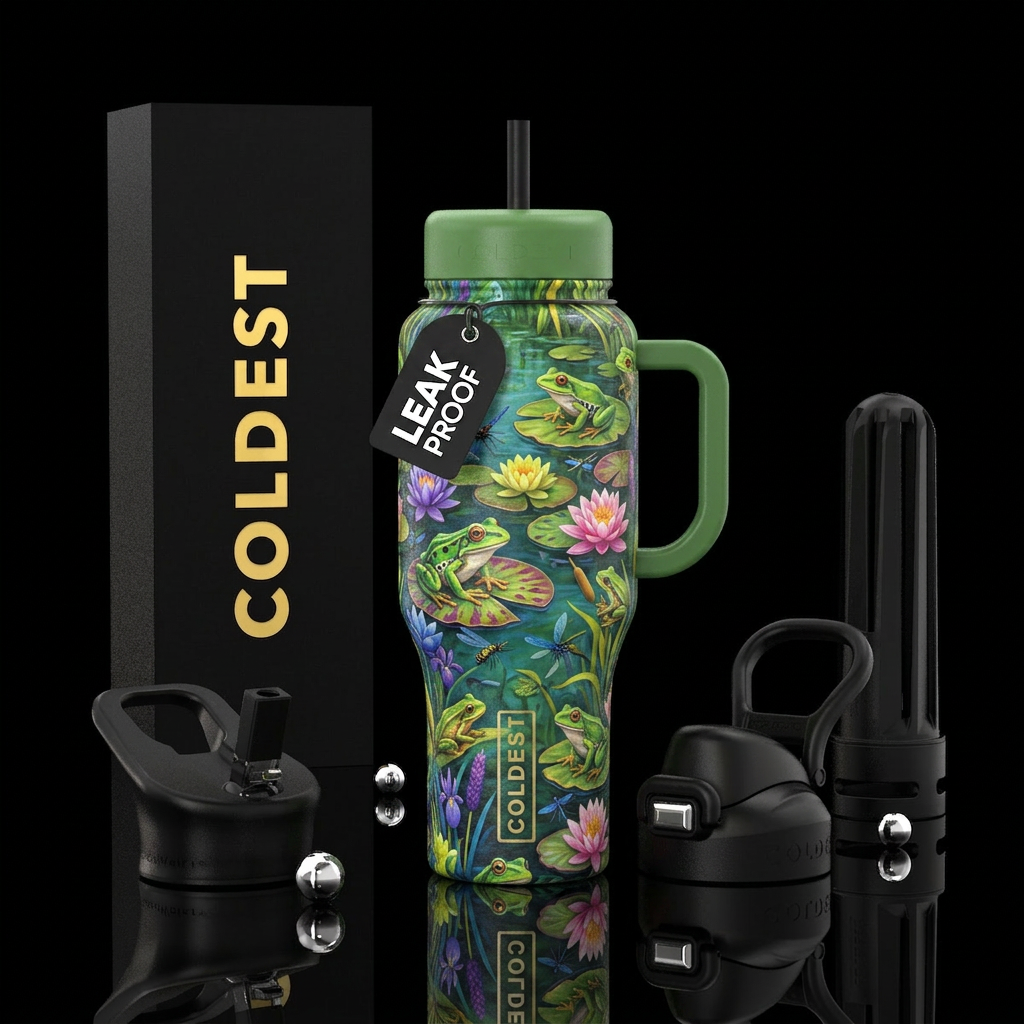 Frogs, pond, lily pads water bottle design