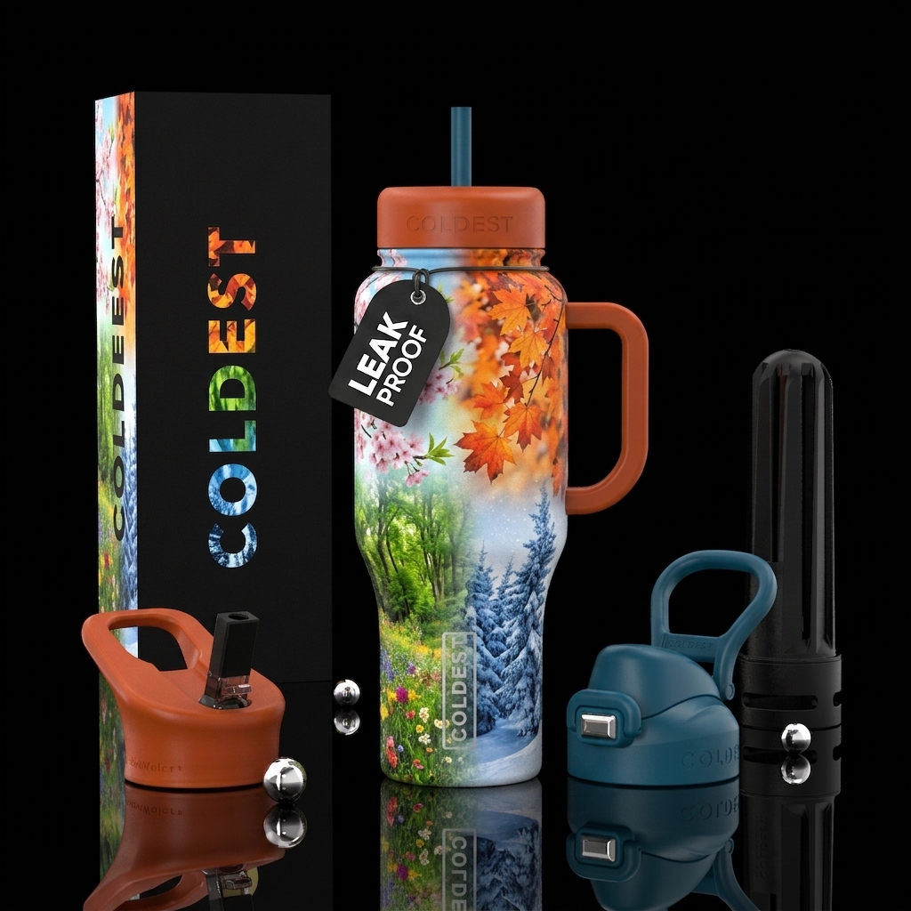 All 4 seasons blended, vibrant water bottle design