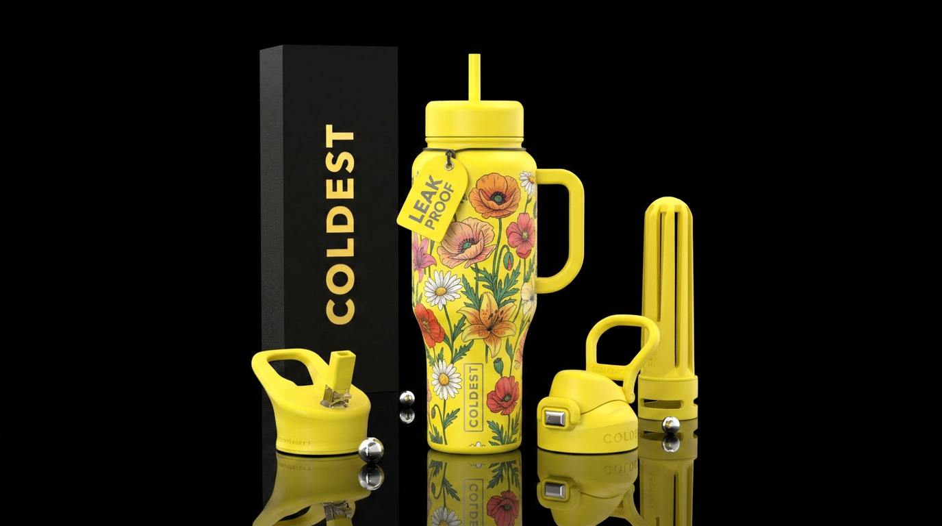 Yellow background with flowers water bottle design