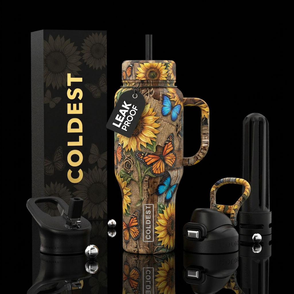 Sunflowers, rustic, butterflies water bottle design
