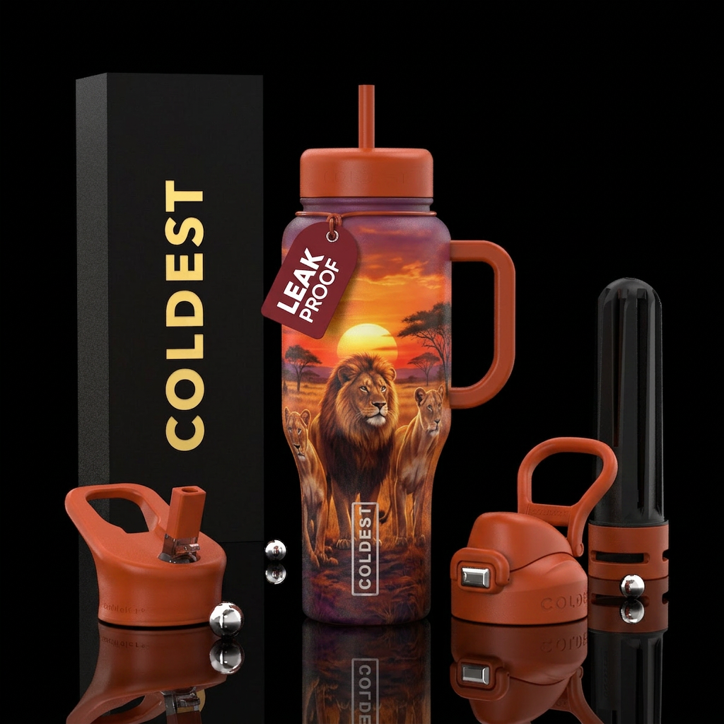 Lions, sunset water bottle design