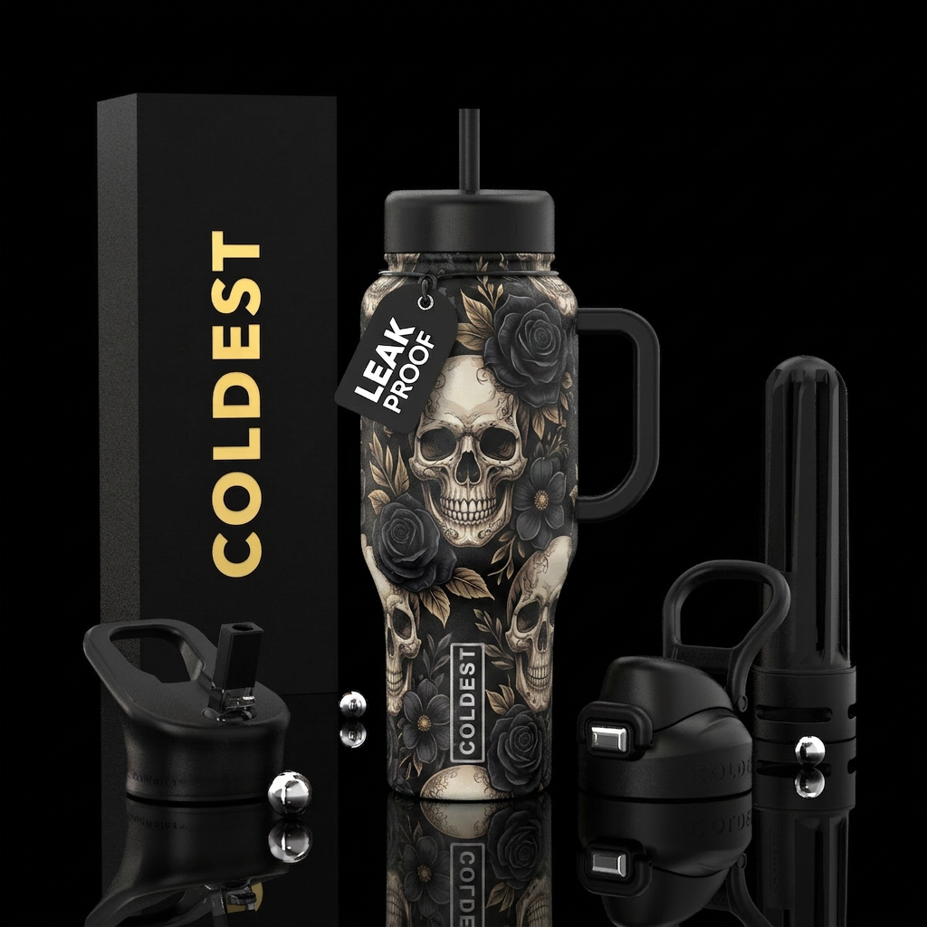 Skulls, black flowers water bottle design
