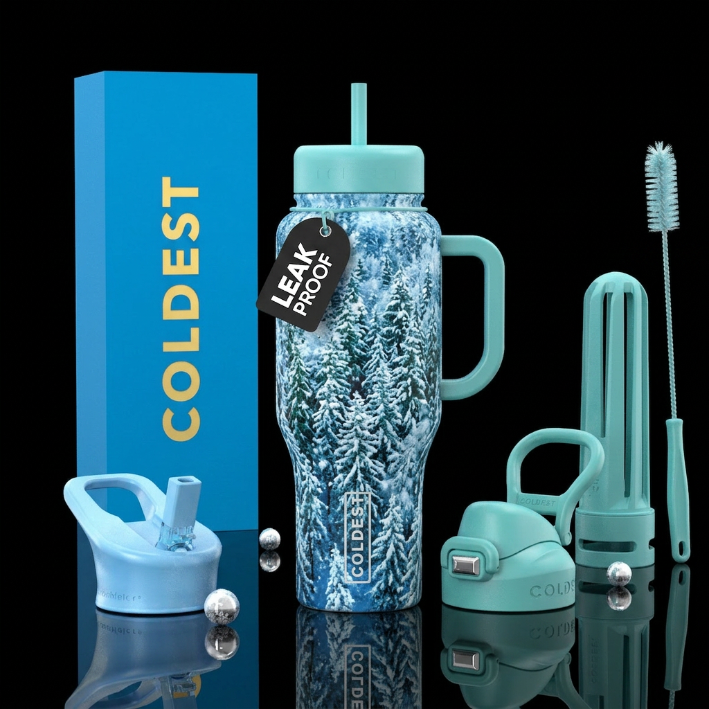Snow on lots of trees water bottle design
