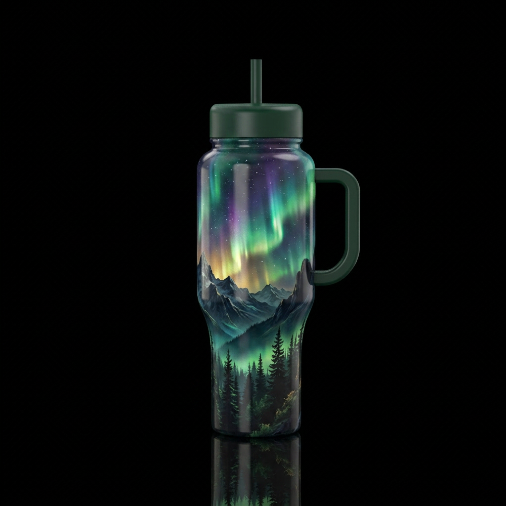 Northern lights, mountains, trees water bottle design