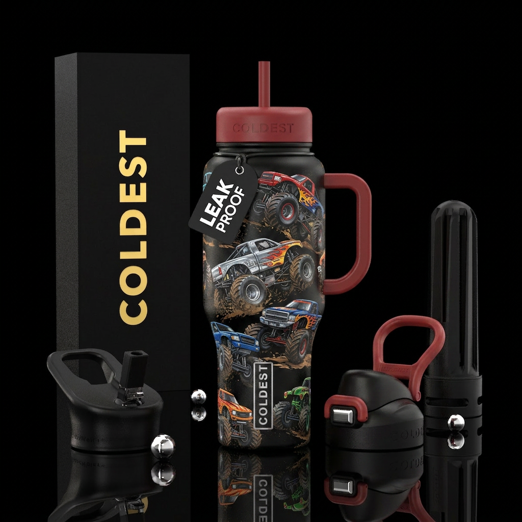Monster trucks water bottle design