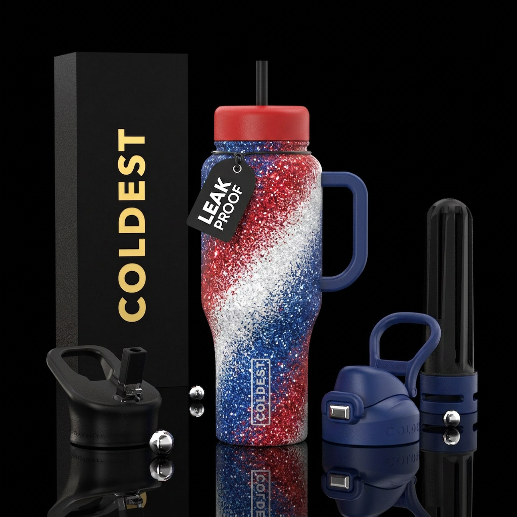 Red, white and blue, sparkly water bottle design