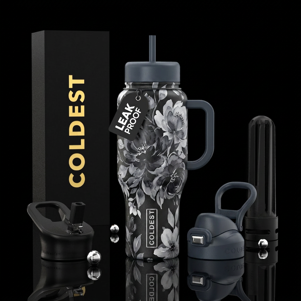 Water painted flowers, black, gray and white water bottle design