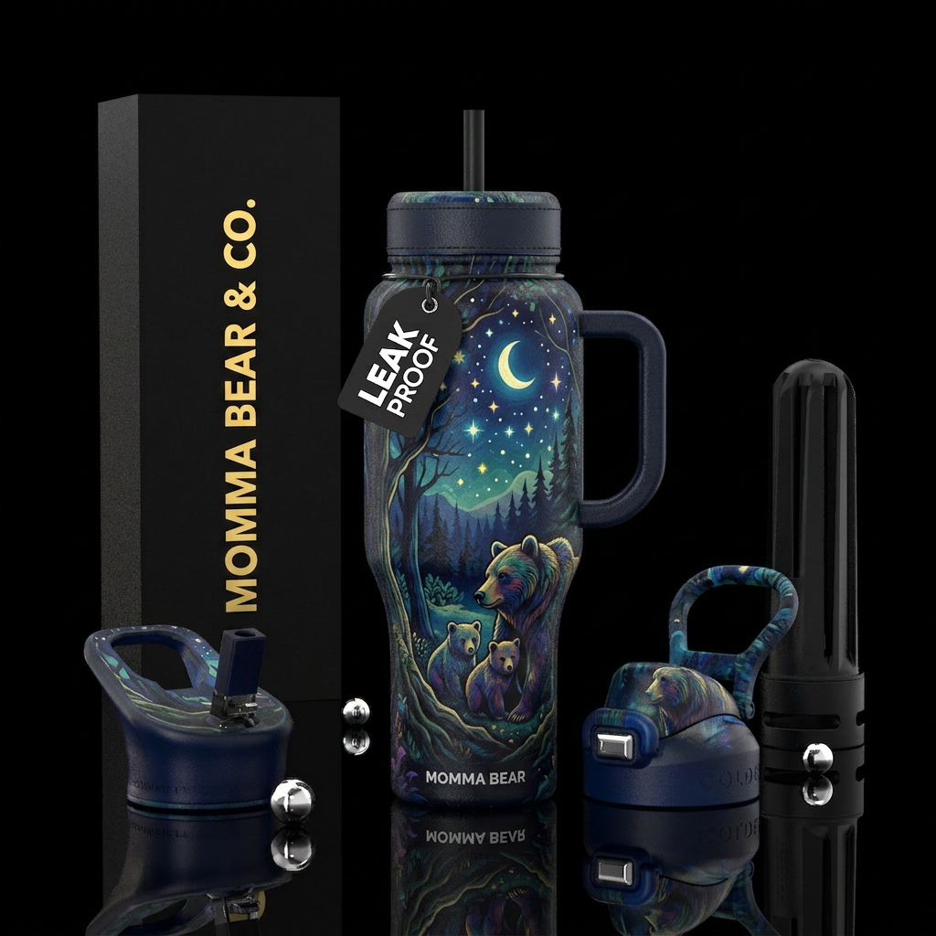 MommaBear, woods, nighttime water bottle design