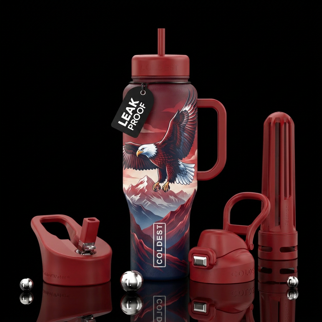 Bald eagle, red white and blue, mountains water bottle design