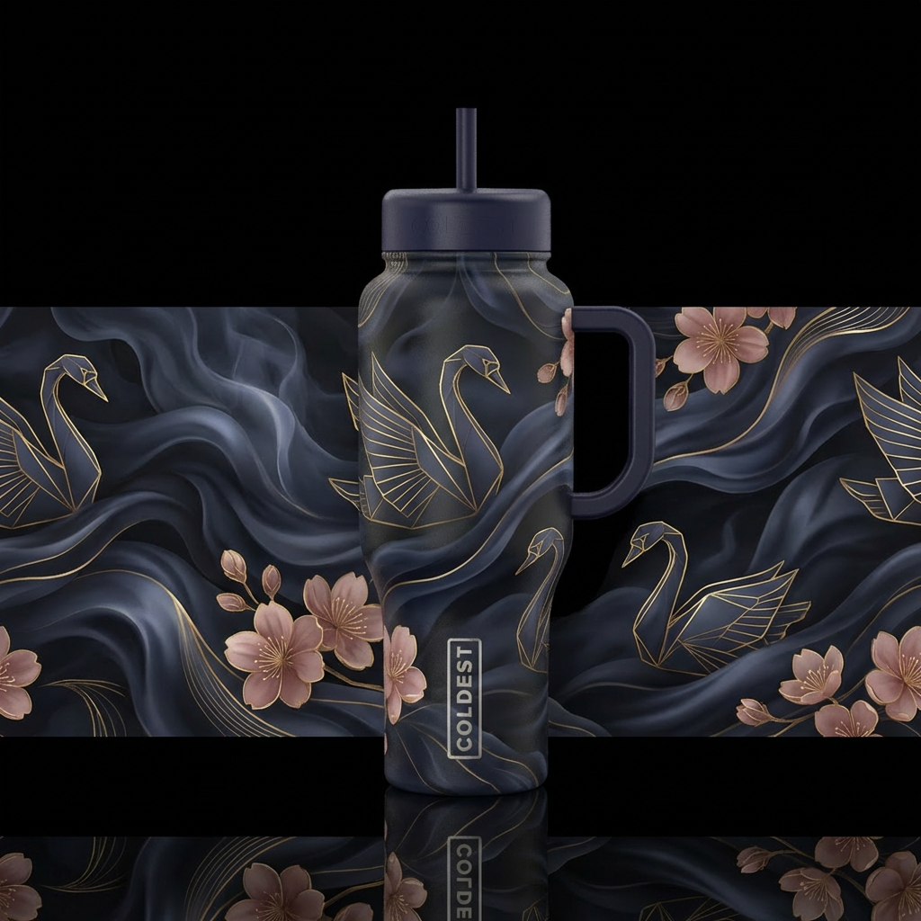 Swans and Blossoms water bottle design